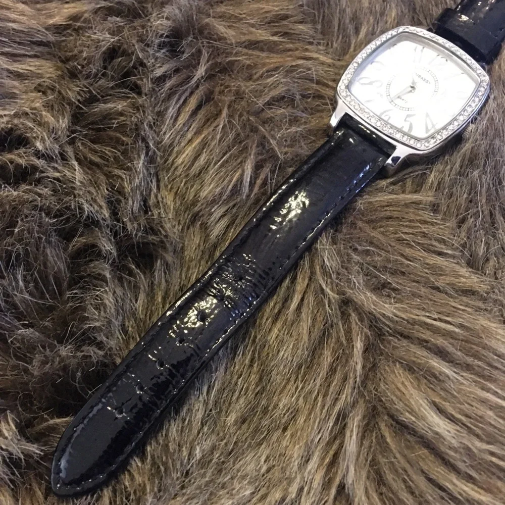 Ladies Embassy black leather rhinestone watch